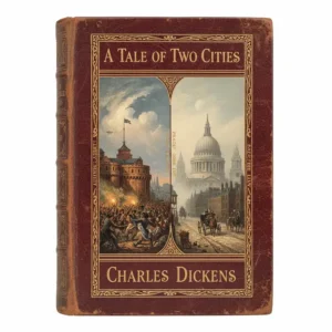 The front cover of a first edition of A Tale of Two Cities, one of the most famous historical novels in the Dickens bibliography.