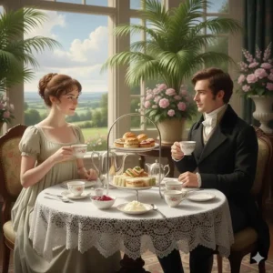 A gentleman and lady sharing afternoon tea by a large window overlooking the English countryside, with a three-tier cake stand and fine bone china.