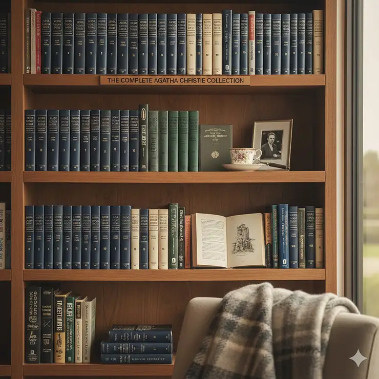 A complete collection of Agatha Christie novels in a matching hardback set, displayed on a wooden bookshelf. Agatha Christie complete collection