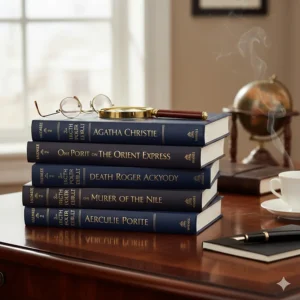 A stack of Hercule Poirot crime novels including Murder on the Orient Express and Death on the Nile.