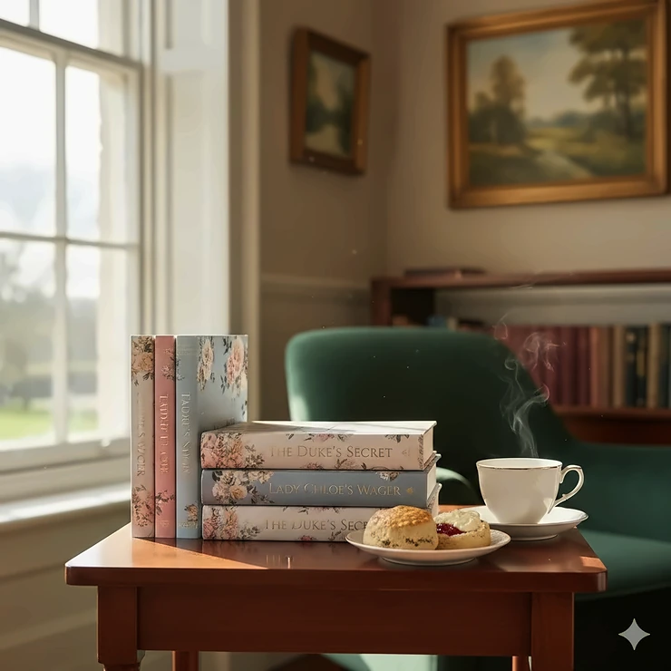 A curated stack of Regency romance novels featuring floral covers and gold foil lettering on a mahogany side table, accompanied by a steaming cup of tea and a scone with clotted cream and jam. Regency romance books