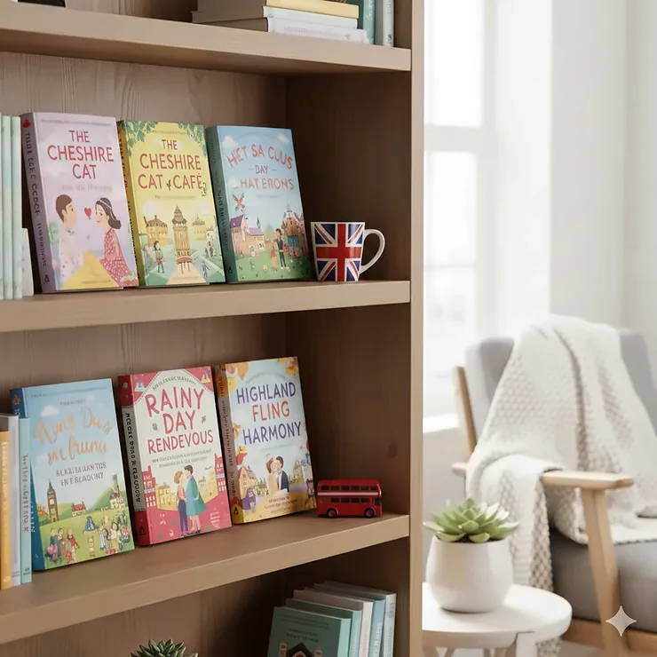 A photorealistic close-up of a modern light-oak bookshelf featuring colourful romantic comedy novels, a Union Jack mug, and a small red London bus model. romantic comedy books