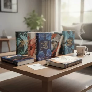 An artistic representation of a world map made from book pages and literary motifs, surrounded by open novels on a study desk, symbolising the global reach of the Booker Prize collection.