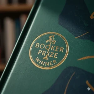 A featured hero image showing a curated collection of Booker Prize winners on a light wood bookshelf, illuminated by soft natural light from a nearby window, accompanied by a mug of tea and a small succulent.