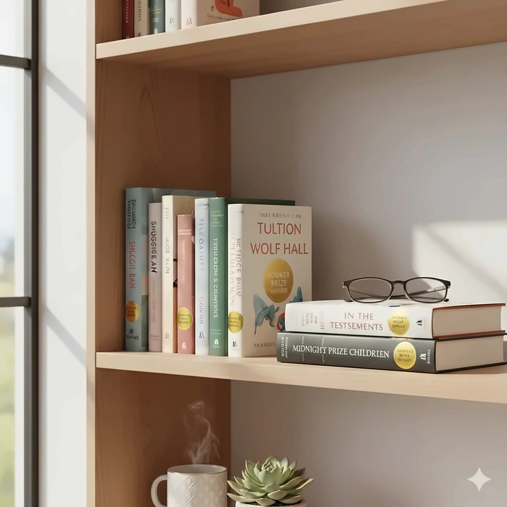 A selection of contemporary Booker Prize-winning novels, including Shuggie Bain and Prophet Song, stacked on a wooden coffee table in a sunlit British living room with a steaming mug of tea. Booker Prize winners collection
