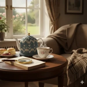 A cosy British crime fiction scene featuring a steaming cup of tea, a knitted tea cosy, and a magnifying glass resting on a book by a sunny window.