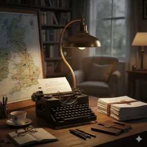 A British crime fiction writer's desk with a vintage typewriter, a map of the UK marked with red string, and a stack of manuscripts.