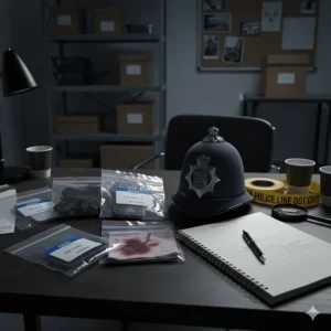 A detailed police procedural scene showing a British police custodian helmet, evidence bags, and a detective's notebook on a dark desk.