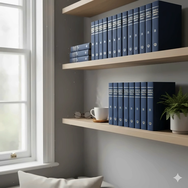 A complete collection of Charles Dickens’ works in vintage leather-bound editions, displayed on a mahogany bookshelf in a classic British library.