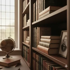 A close-up of a dark wood bookshelf in a traditional study, filled with classic hardback thriller novels and a vintage globe reflecting a British aesthetic.