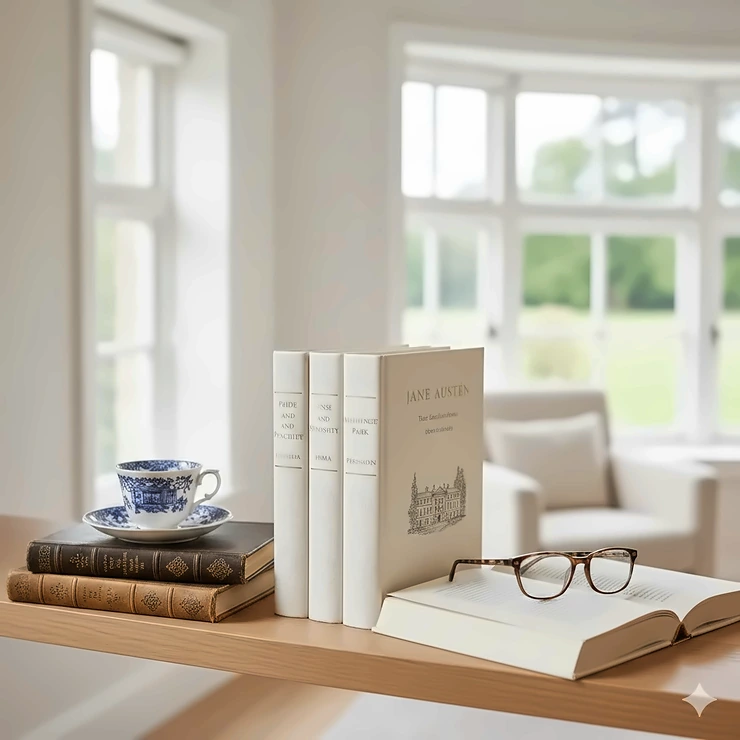 A complete Jane Austen collection featuring all six major novels in decorative cloth-bound hardback covers, arranged on a mahogany bookshelf. complete Jane Austen collection