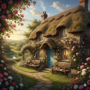 A picturesque thatched English cottage covered in pink climbing roses with a garden path and a Rose Cottage wooden sign.