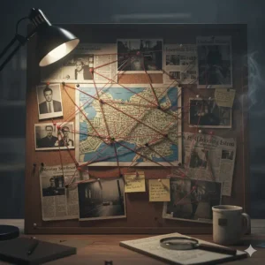 A detailed detective investigation board with red string connecting various maps and newspaper clippings, lit by a desk lamp next to a steaming mug of tea.