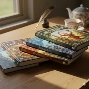 Detailed illustration of Discworld book covers featuring iconic character art by Paul Kidby.