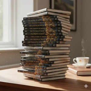 A tall stack of books from the Discworld series box set showing the sheer volume of the collection.