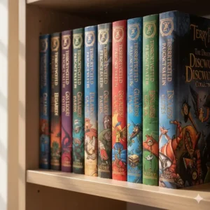 Close-up of the colourful spines of a Discworld series box set showing titles in British English.