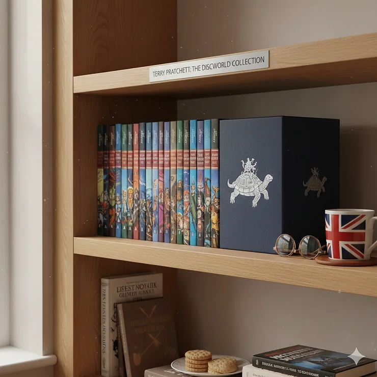 A complete Discworld series box set featuring all 41 novels by Terry Pratchett arranged on a wooden bookshelf. Discworld series box set