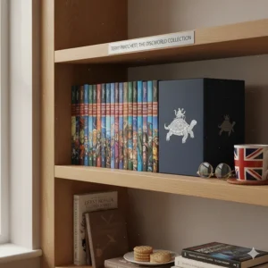 A Discworld series box set positioned next to a standard mug to show the scale of the collection.
