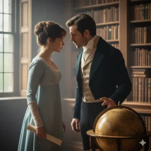 A tense, atmospheric encounter in a historic library between a lady in a pale blue empire line dress and a gentleman in a dark velvet tailcoat.