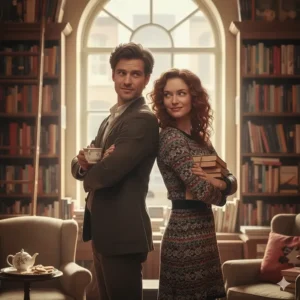 A stylish man and woman standing back-to-back in a grand British library, exchanging a playful, competitive glance while holding books and tea.