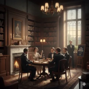 A Golden Age British crime fiction scene depicting a group of suspects in evening wear gathered around a table in a stately manor house library.