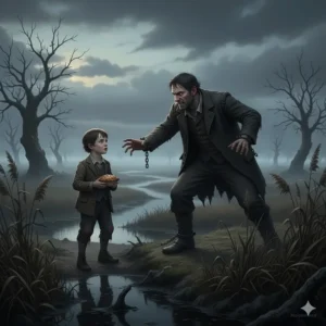 An evocative illustration of Pip meeting Magwitch on the Kent marshes, a pivotal scene from Great Expectations.