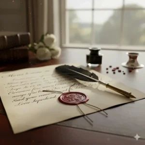 A detailed close-up of a handwritten letter on parchment, sealed with red wax and featuring a black quill pen on a dark wood writing desk.