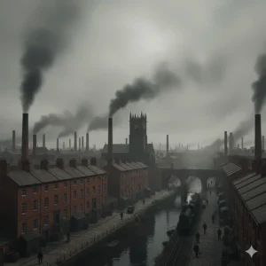 A gritty illustration of Coketown representing the Industrial Revolution, as described in Charles Dickens’ social novel, Hard Times.