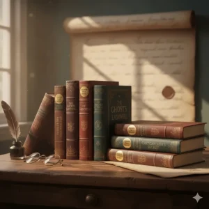 A bright, modern bookshelf displaying a diverse array of Booker Prize winners with colourful spines, set against a backdrop of soft silhouettes representing different authors and cultures.