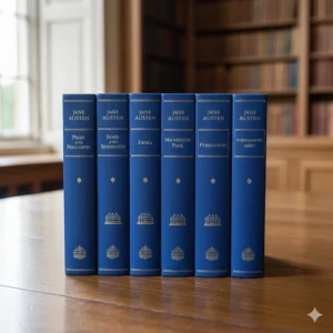 A row of Jane Austen's six completed novels, including Pride and Prejudice and Sense and Sensibility, in a matching British library binding.