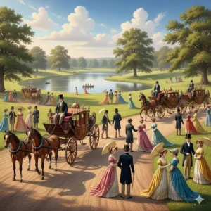 High society figures in colourful Regency attire promenading through a royal park with elegant horse-drawn carriages and a lake in the background.