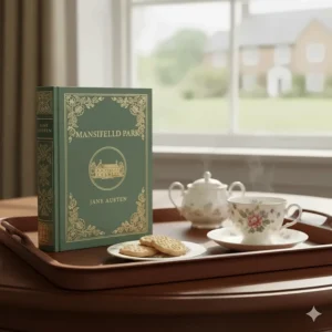 A hardcover edition of Mansfield Park resting on a tea tray with a bone china teacup, evoking a traditional British literary atmosphere.