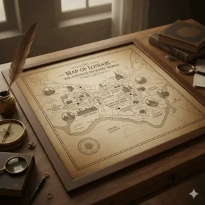 An antique style map of Victorian London, highlighting the geographical settings featured throughout the Charles Dickens complete works.