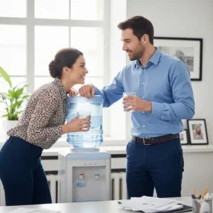 A man and woman sharing a flirtatious moment and a smile by a water cooler in a bright, modern British office setting.
