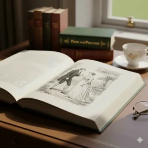 An open copy of Pride and Prejudice from a complete Jane Austen collection, showing a classic Regency-style illustration of Mr Darcy and Elizabeth Bennet.