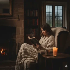 A woman wearing a thick woollen cream cardigan sitting in an armchair by a stone fireplace, reading a thriller novel by candlelight in a cosy room.