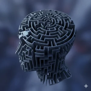 A conceptual 3D illustration of a human head profile constructed from a complex stone maze, symbolising the intricate psychological plots of thriller fiction.