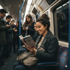 A smiling woman sitting on the London Underground (the Tube) reading a romantic comedy novel titled The Tube to Tiffany's during her commute.