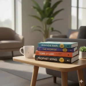 A close-up of a gold-toned literary award trophy, inspired by the Iris sculpture, set against the soft-focus background of a classic home library with floor-to-ceiling bookshelves.