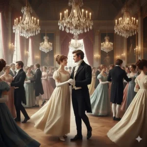 A photorealistic depiction of a debutante and a gentleman in formal evening wear dancing in a grand, candlelit London ballroom beneath crystal chandeliers.