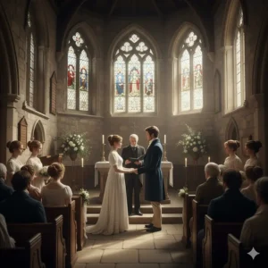A romantic Regency wedding ceremony inside a stone Gothic church, showing the bride and groom at the altar surrounded by bridesmaids and guests.