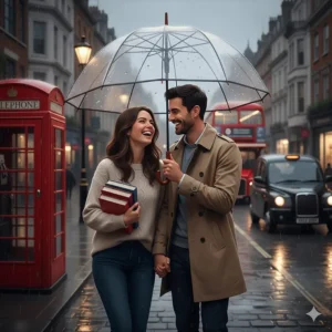 A happy couple laughing under a clear umbrella on a rainy London street with a red telephone box and a double-decker bus in the background.
