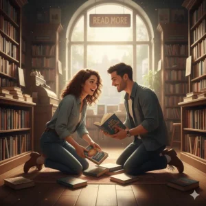 A classic rom-com meet-cute where a man and woman have bumped into each other in a bookshop, kneeling on the floor to pick up their scattered books.