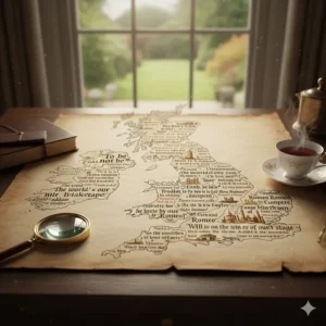 A typography map of the UK featuring famous lines from the Shakespeare complete collection associated with British landmarks.