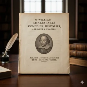 A high-resolution reproduction of the 1623 First Folio title page, the foundation of any Shakespeare complete collection.