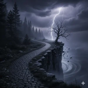 A moody coastal scene at night featuring a cobbled path leading toward a crumbling cliff edge under a dark sky illuminated by a bolt of lightning.