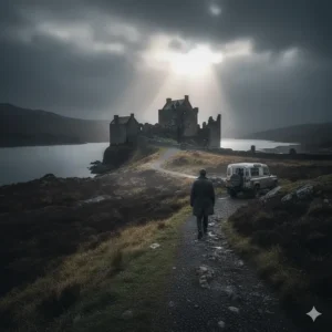 A dramatic Tartan Noir setting featuring a solitary figure walking toward a historic castle on the misty banks of a Scottish loch.