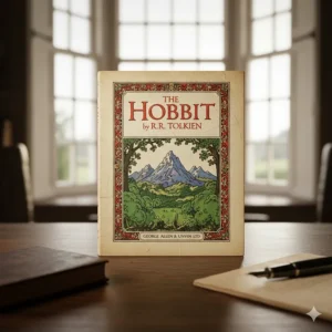 A detailed close-up of the original 1937 style dust jacket for The Hobbit, a must-have facsimile edition for British book collectors.