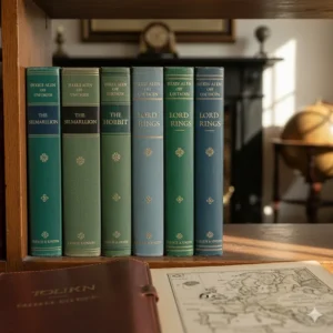 A row of first edition UK Tolkien books including The Silmarillion, showcasing the classic George Allen & Unwin spines preferred by British collectors.