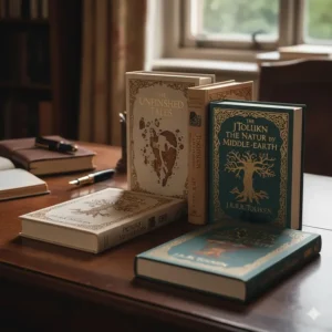 A group of Tolkien books illustrated by the author, including Unfinished Tales and The Nature of Middle-earth, as part of a complete Tolkien collection.